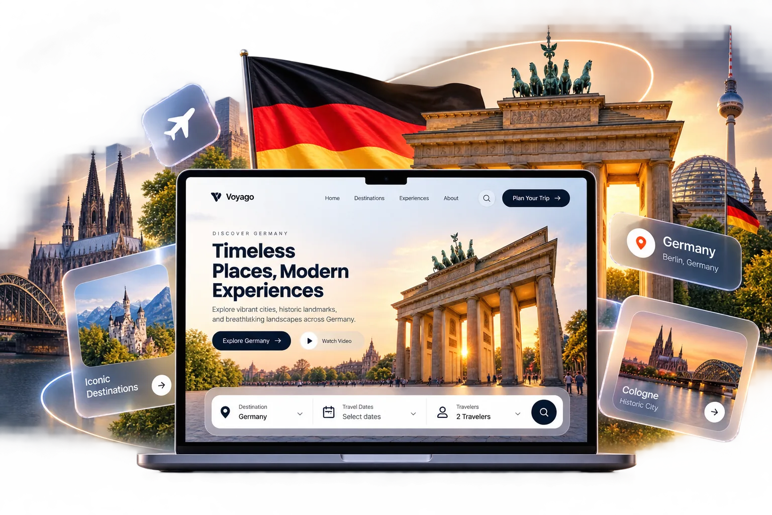 Travel website design by Techwitpro in front of the Brandenburg Gate in Berlin