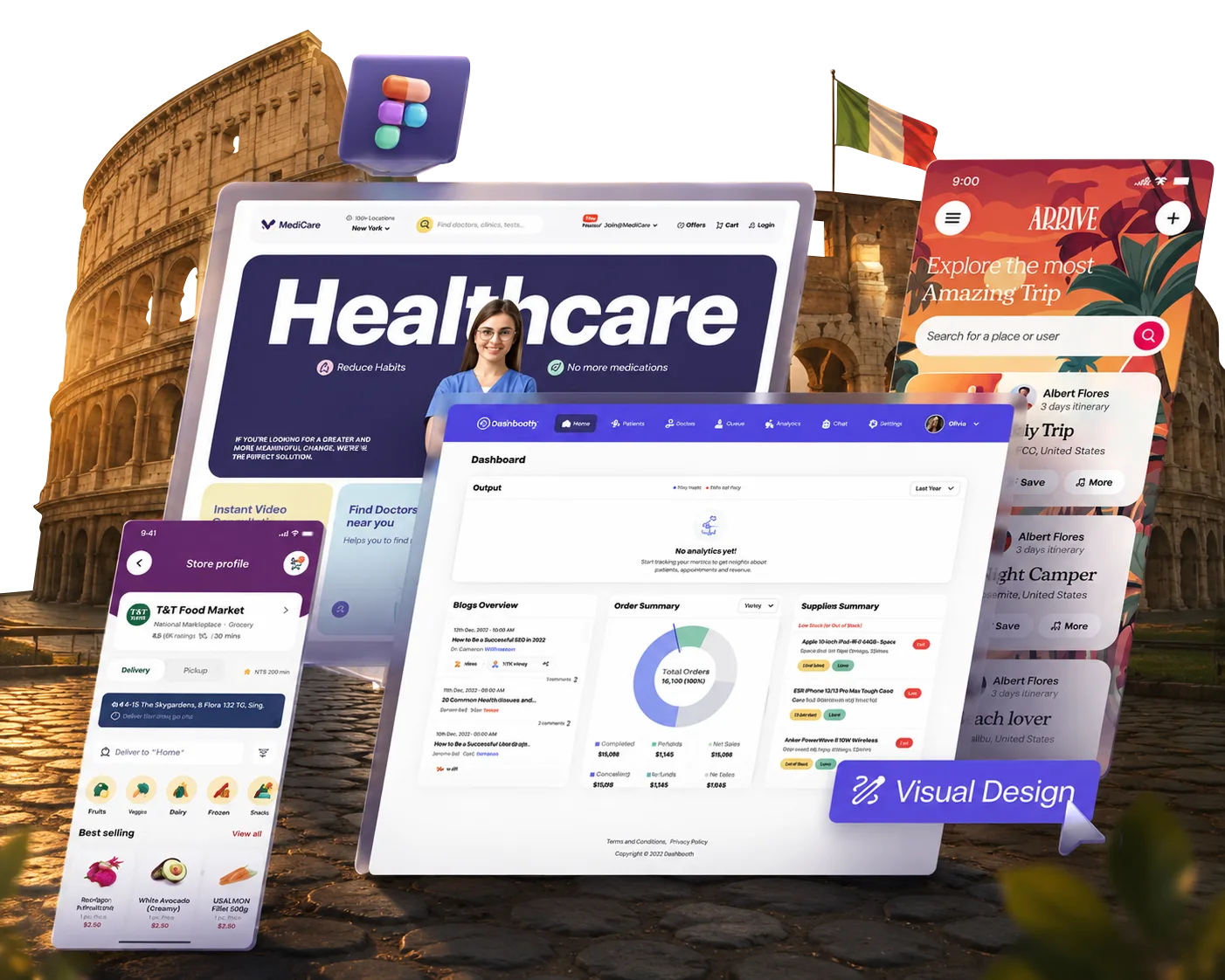 Healthcare dashboard and travel app designs by Techwitpro in front of the Colosseum in Rome
