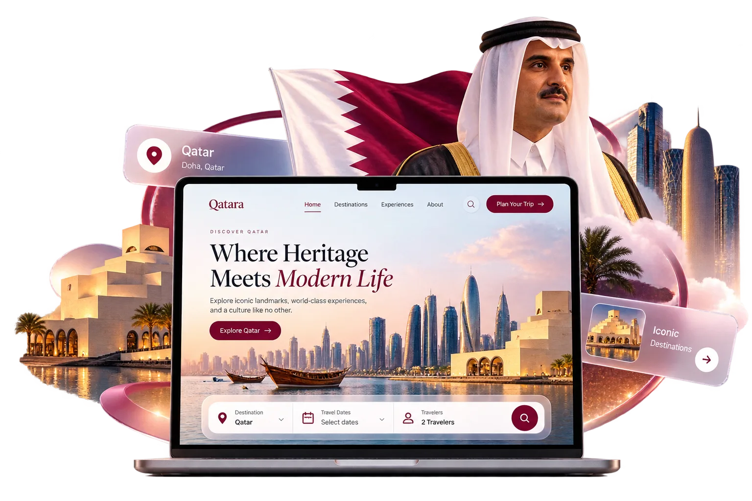 Travel website design by Techwitpro in front of the Doha skyline