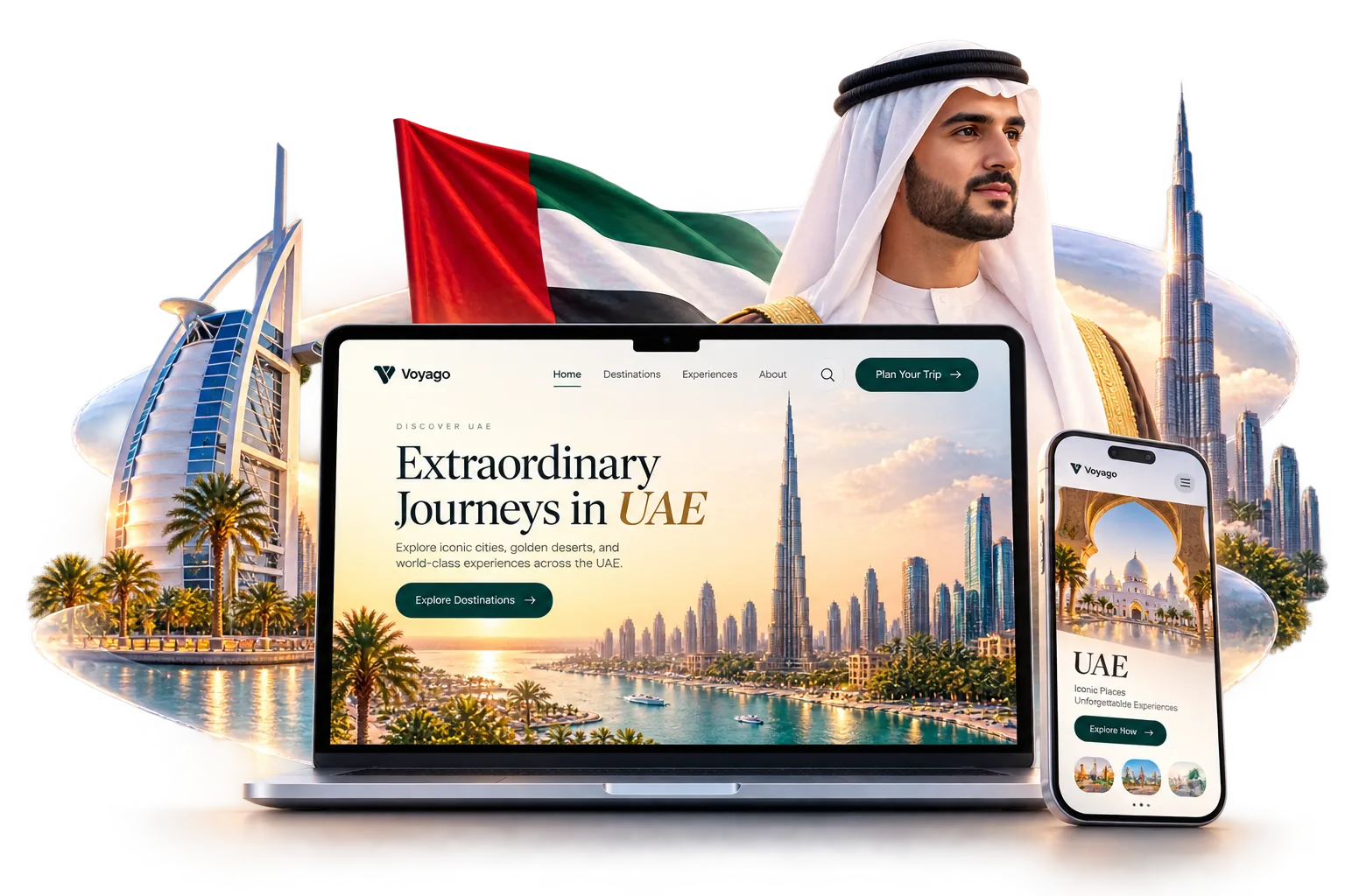 Travel website and mobile app designs by Techwitpro in front of the Burj Al Arab and the Dubai skyline