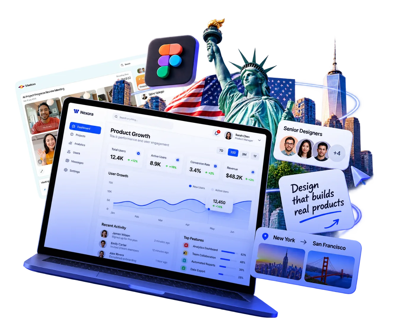 SaaS dashboard and mobile designs by Techwitpro in front of the Statue of Liberty and the New York skyline